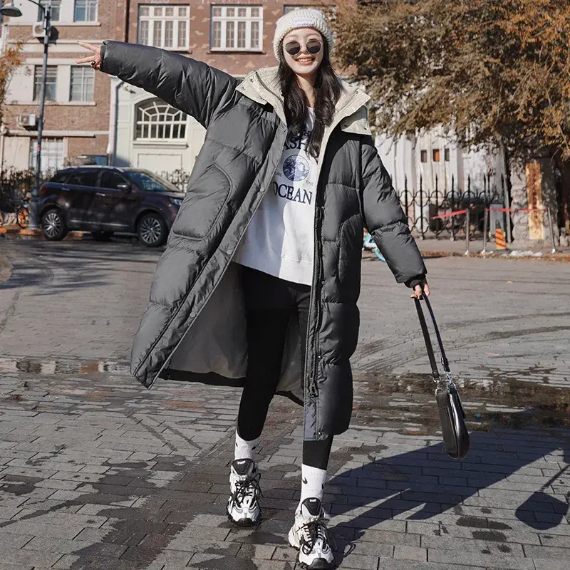 Women's Color Collision Long Down Jacket, White Duck Down, Warm Puffer Jacket, Loose Knee-length Hooded Coat, Winter, New