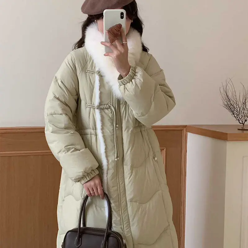 Chinese Disk Buckle Down Jacket for Women, Fox Fur Collar, Warm Winter Scarf, Raw Edge, Over the Knee