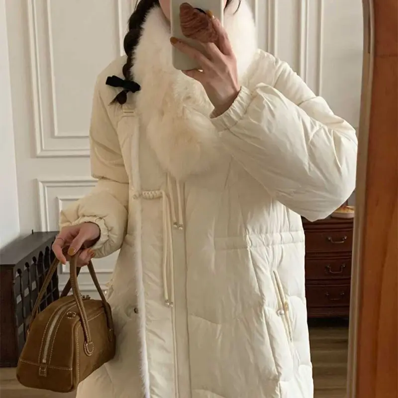Chinese Disk Buckle Down Jacket for Women, Fox Fur Collar, Warm Winter Scarf, Raw Edge, Over the Knee