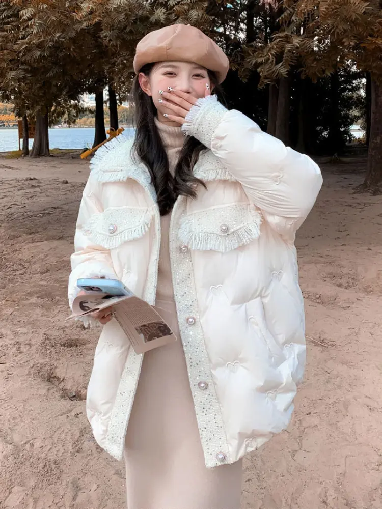 Lapel Short Down Jacket for Women, Large Size, 90 White Duck Down, Warm, Loose, Thin Embroidery Overcoat, Temperament, New, 2024
