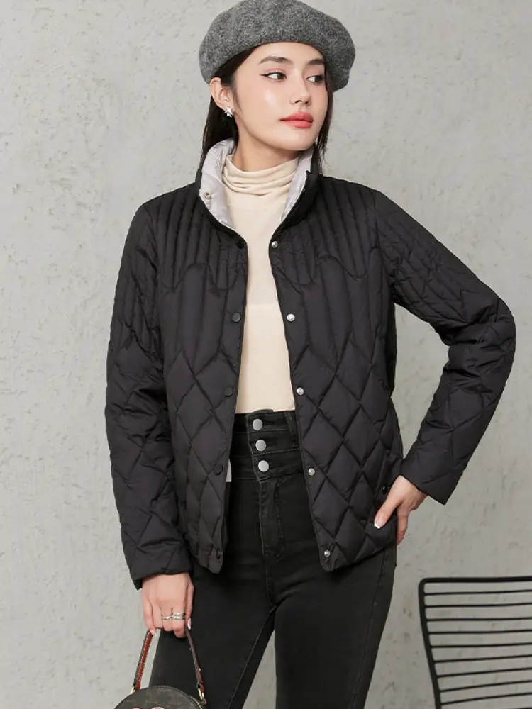 Women's Stand Collar Lightweight Short Down Jacket, White Duck Down, Diamond Lattice, Thin Warm Jacket, New Fashion, Winter 2024