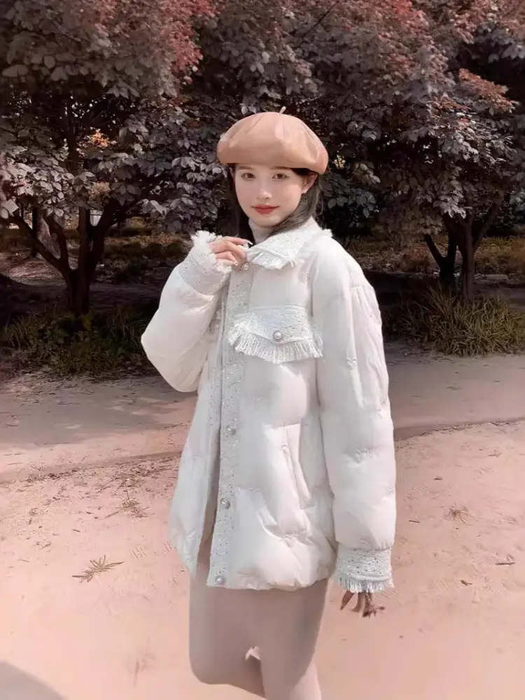 Lapel Short Down Jacket for Women, Large Size, 90 White Duck Down, Warm, Loose, Thin Embroidery Overcoat, Temperament, New, 2024