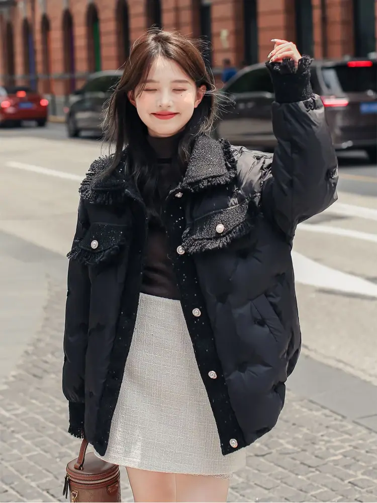 Lapel Short Down Jacket for Women, Large Size, 90 White Duck Down, Warm, Loose, Thin Embroidery Overcoat, Temperament, New, 2024