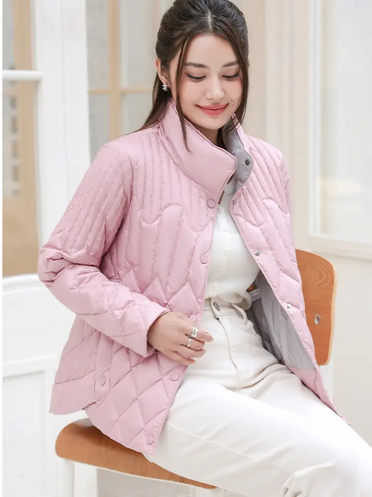 Women's Stand Collar Lightweight Short Down Jacket, White Duck Down, Diamond Lattice, Thin Warm Jacket, New Fashion, Winter 2024