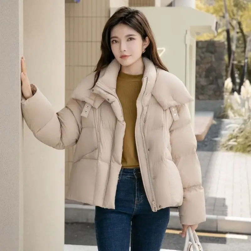 Women's Winter Short Down Jacket, Korean Casual Elegant Coats High-end Outerwear Large Lapel Thick Loose Warm Short Puffer Coats