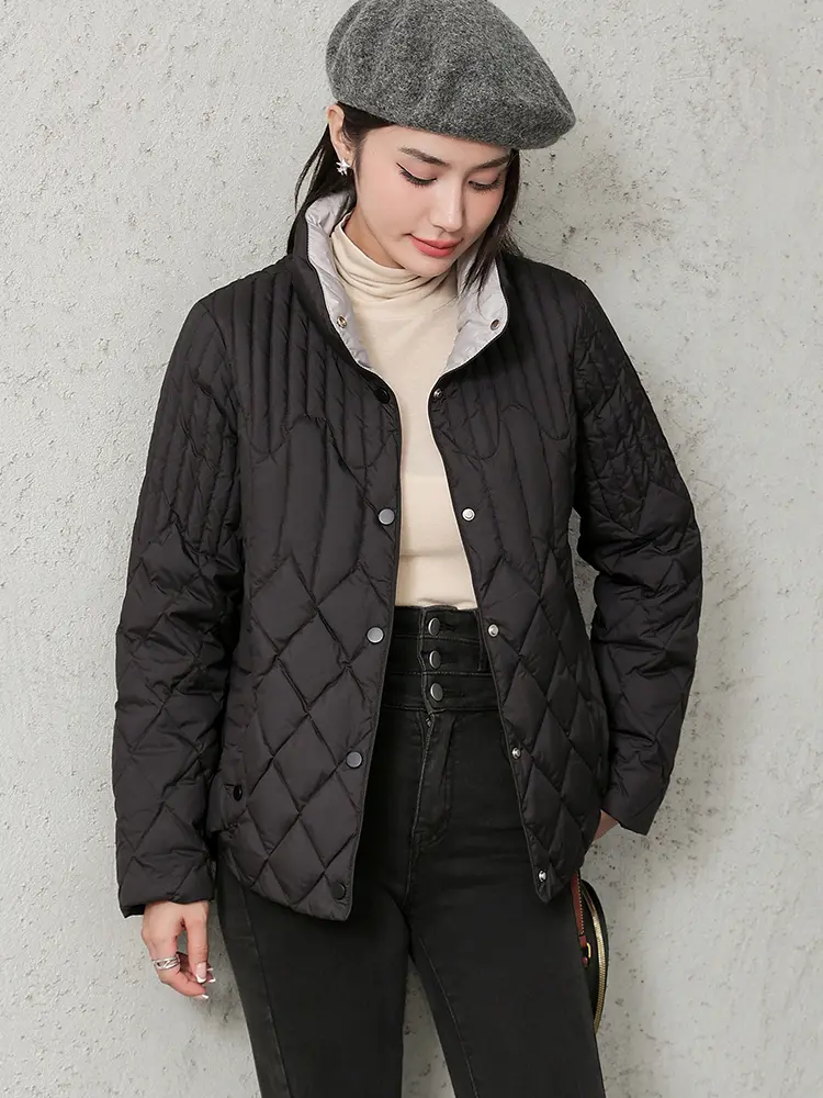 Women's Stand Collar Lightweight Short Down Jacket, White Duck Down, Diamond Lattice, Thin Warm Jacket, New Fashion, Winter 2024