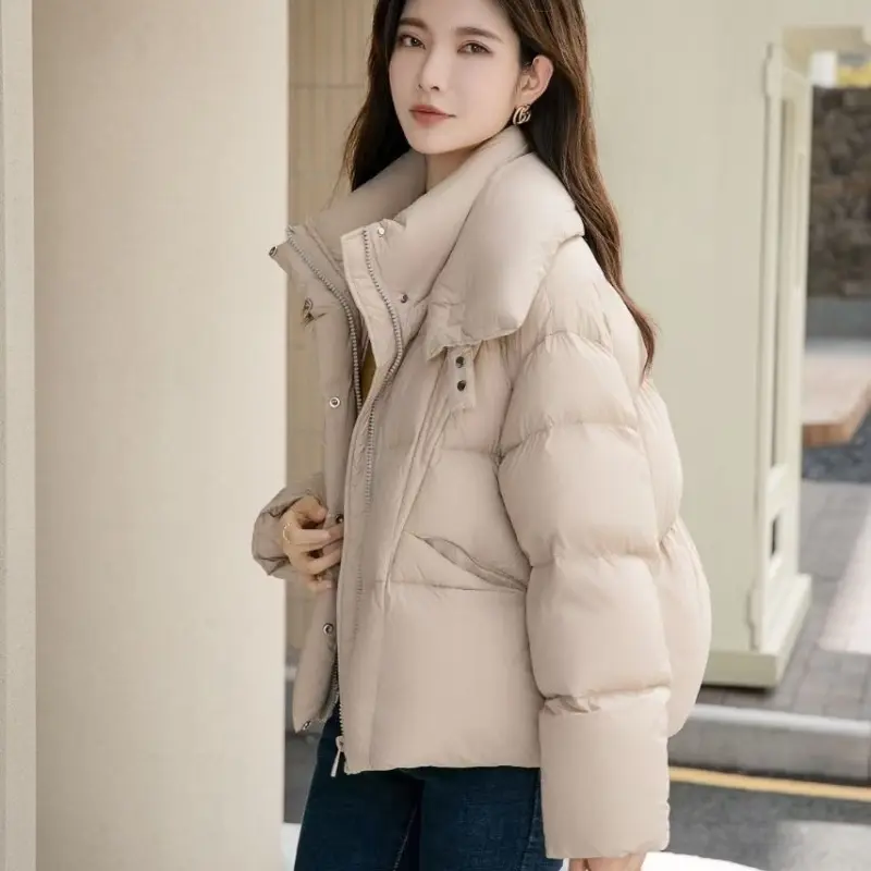 Women's Winter Short Down Jacket, Korean Casual Elegant Coats High-end Outerwear Large Lapel Thick Loose Warm Short Puffer Coats