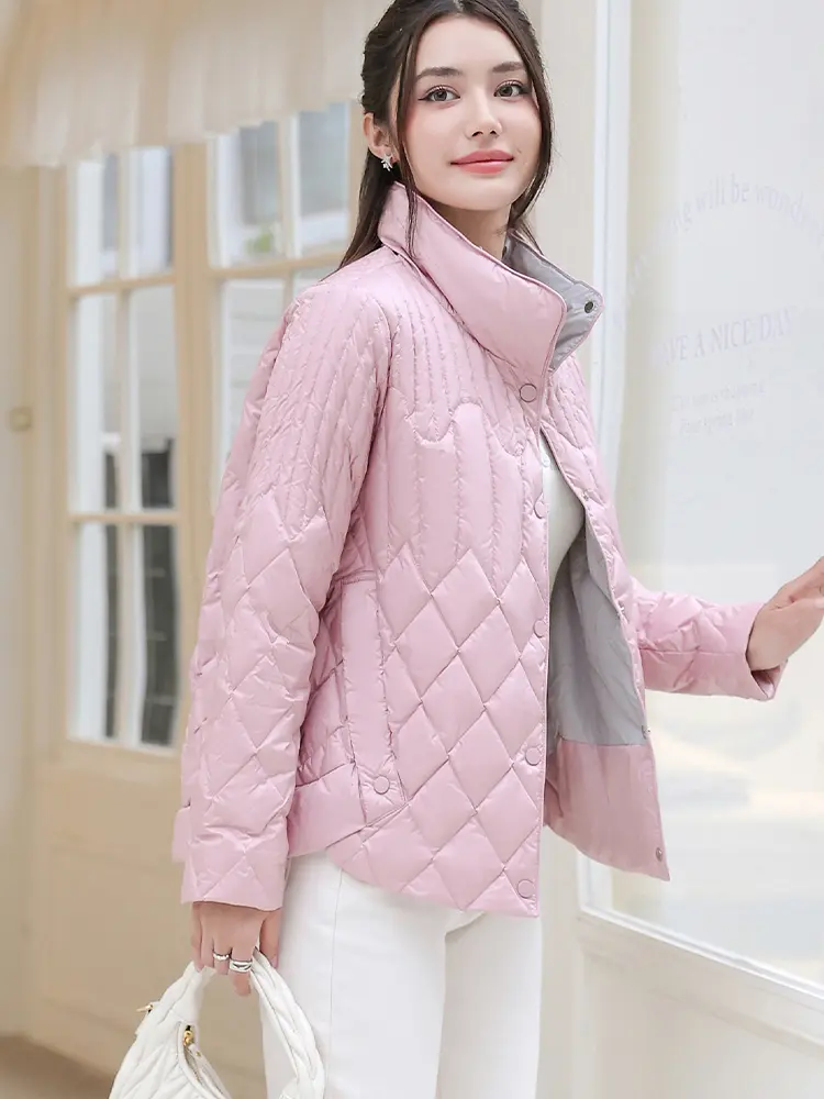 Women's Stand Collar Lightweight Short Down Jacket, White Duck Down, Diamond Lattice, Thin Warm Jacket, New Fashion, Winter 2024