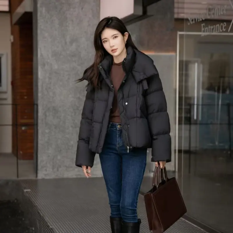 Women's Winter Short Down Jacket, Korean Casual Elegant Coats High-end Outerwear Large Lapel Thick Loose Warm Short Puffer Coats