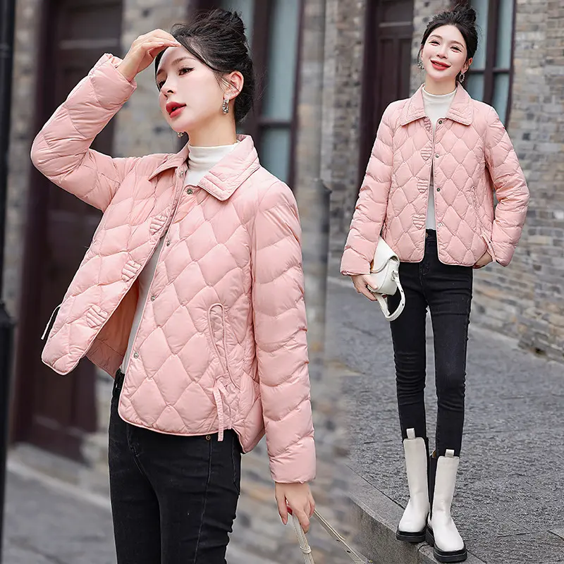 Women's Light Down Jacket Winter 2024 New Diamond Grid 90 White Duck Down Warm Jacket Fashion Lapel Little Man Short Coat