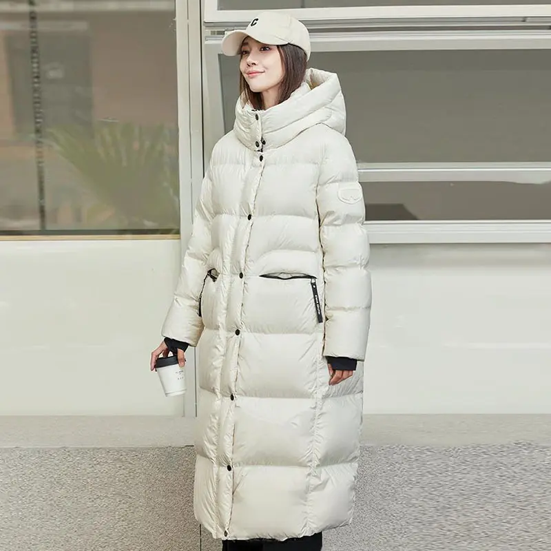 Fashion Long Down Jacket Women New Winter Thickened Stand Collar Hooded White Duck Down Puffer Jacket Loose Casual Warm Coat