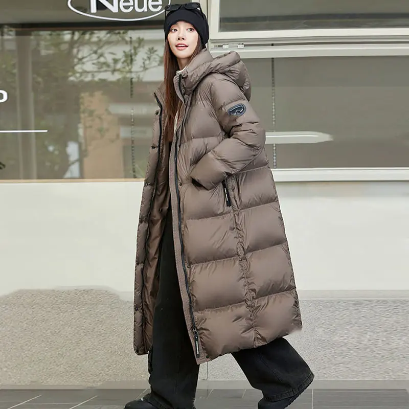 Fashion Long Down Jacket Women New Winter Thickened Stand Collar Hooded White Duck Down Puffer Jacket Loose Casual Warm Coat