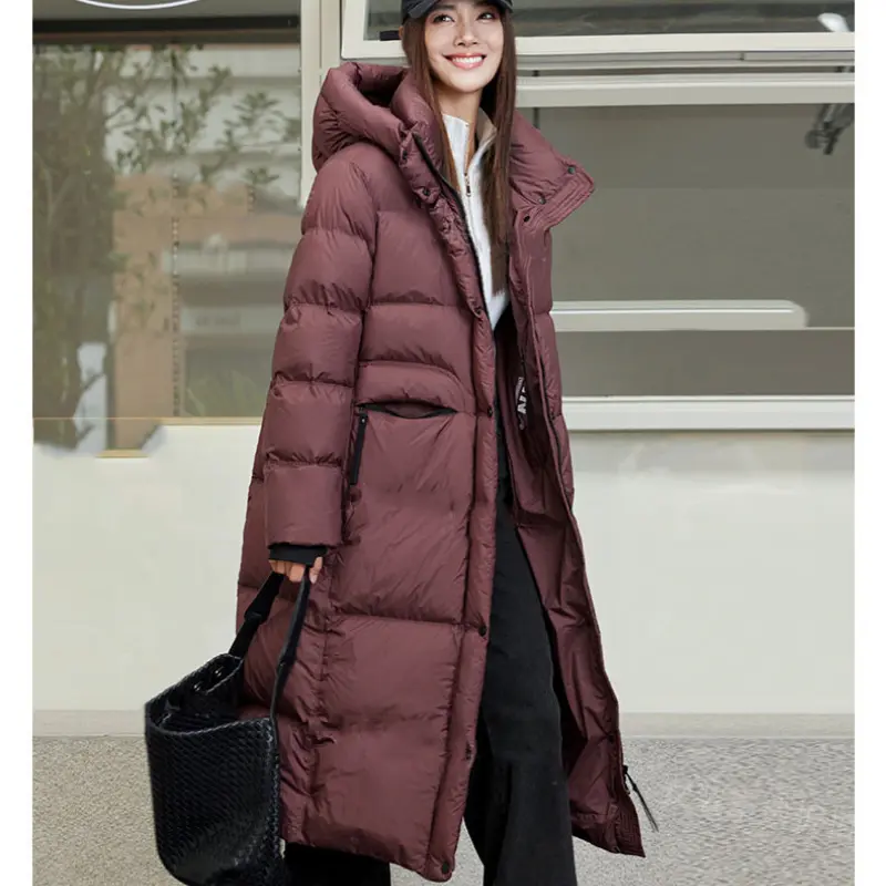 Fashion Long Down Jacket Women New Winter Thickened Stand Collar Hooded White Duck Down Puffer Jacket Loose Casual Warm Coat