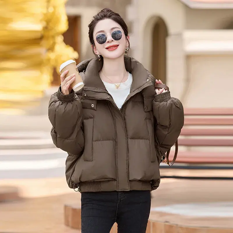 Women's White Duck Down Puffer Jacket, Female Short Coat, Thick, Warm, Casual, Stand Collar, Loose Hooded, Winter, Fashion