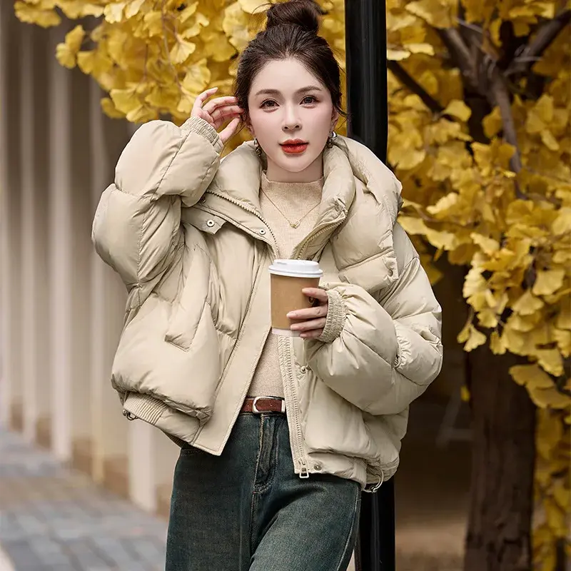 Women's White Duck Down Puffer Jacket, Female Short Coat, Thick, Warm, Casual, Stand Collar, Loose Hooded, Winter, Fashion