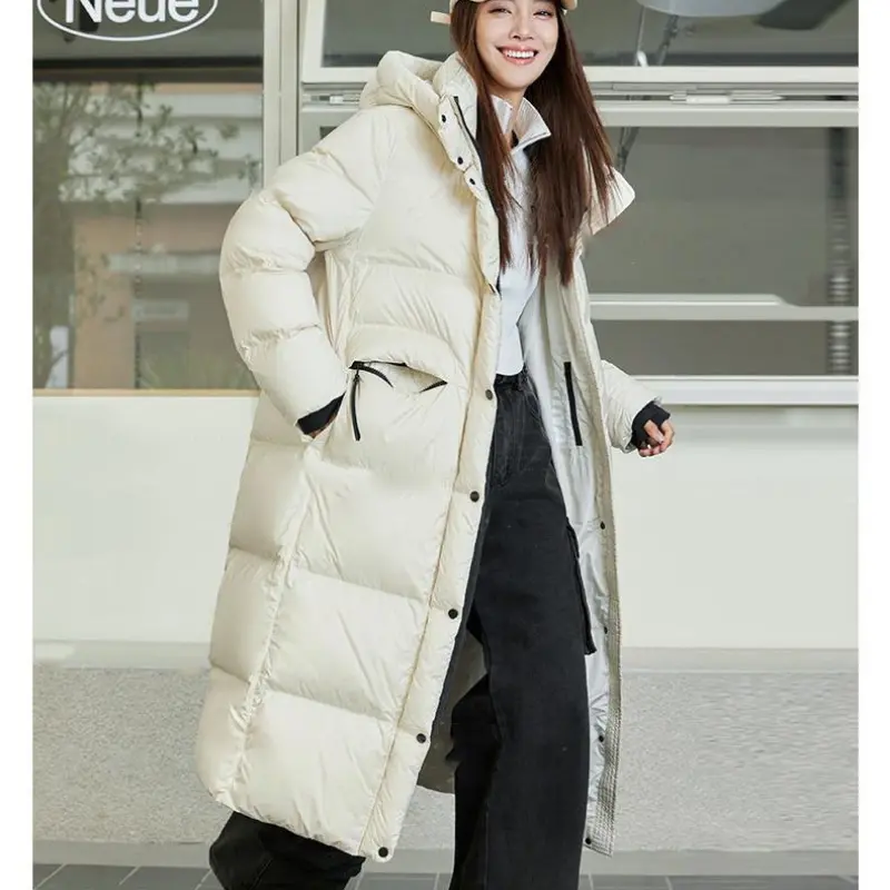 Fashion Long Down Jacket Women New Winter Thickened Stand Collar Hooded White Duck Down Puffer Jacket Loose Casual Warm Coat