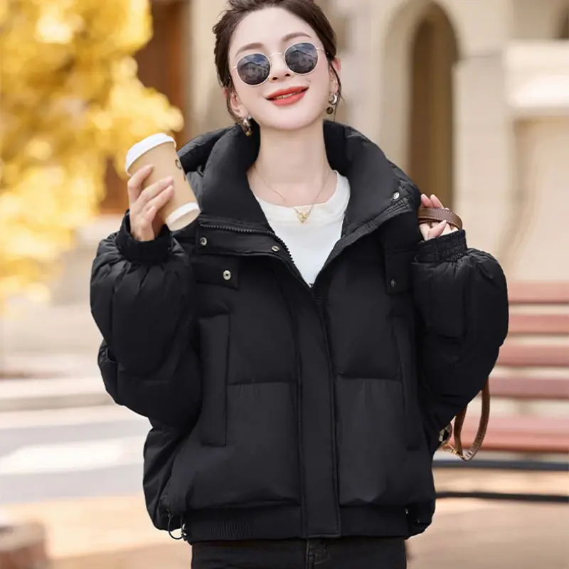 Women's White Duck Down Puffer Jacket, Female Short Coat, Thick, Warm, Casual, Stand Collar, Loose Hooded, Winter, Fashion