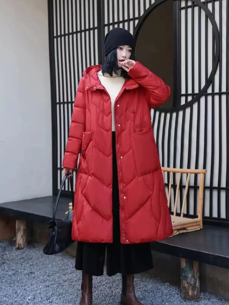 Women's Chinese Style Long Down Jacket, Retro Embroidery Parker, Windproof, Thickened, Loose, Warm, Female Puffer Coats, Winter