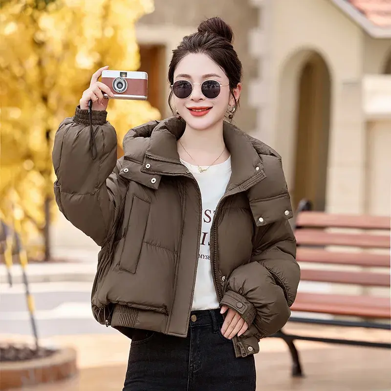 Women's White Duck Down Puffer Jacket, Female Short Coat, Thick, Warm, Casual, Stand Collar, Loose Hooded, Winter, Fashion