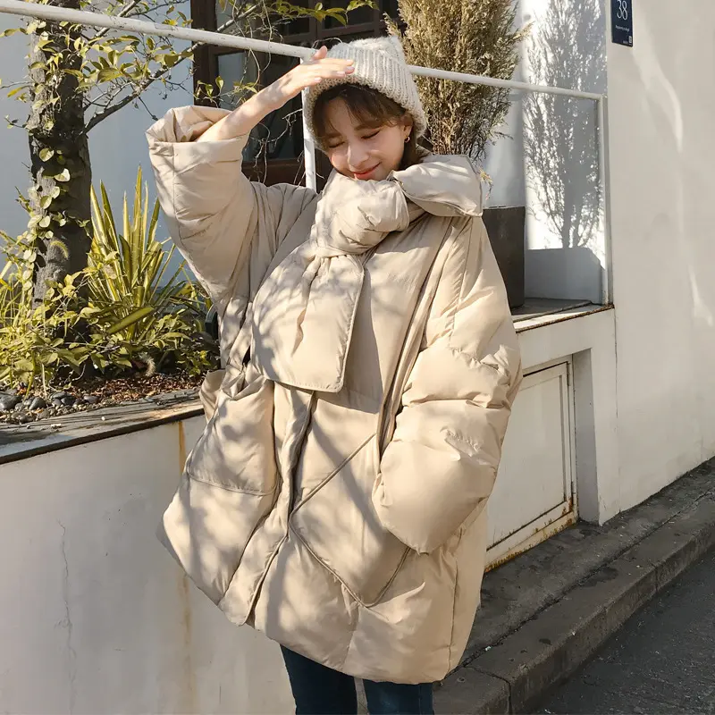 Women's Winter Jacket Mid-length Down Coats Casual Literary Large Pockets Outerwears Round Neck Scarf Thick Warm Down Jackets