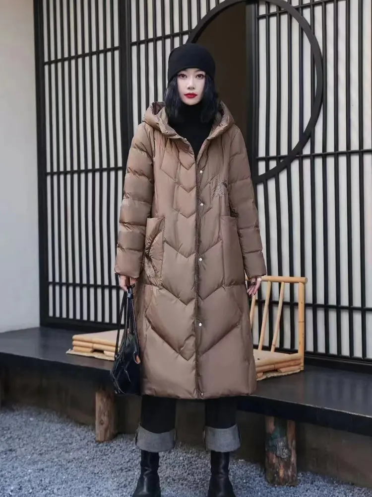 Women's Chinese Style Long Down Jacket, Retro Embroidery Parker, Windproof, Thickened, Loose, Warm, Female Puffer Coats, Winter