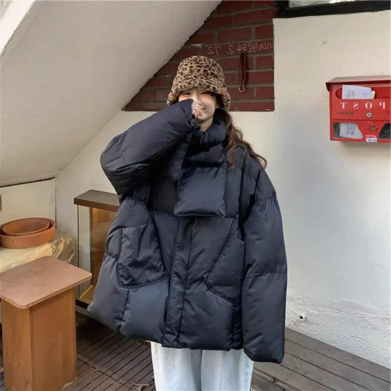 Women's Winter Jacket Mid-length Down Coats Casual Literary Large Pockets Outerwears Round Neck Scarf Thick Warm Down Jackets