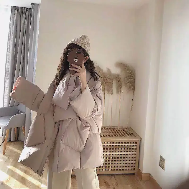 Women's Winter Jacket Mid-length Down Coats Casual Literary Large Pockets Outerwears Round Neck Scarf Thick Warm Down Jackets