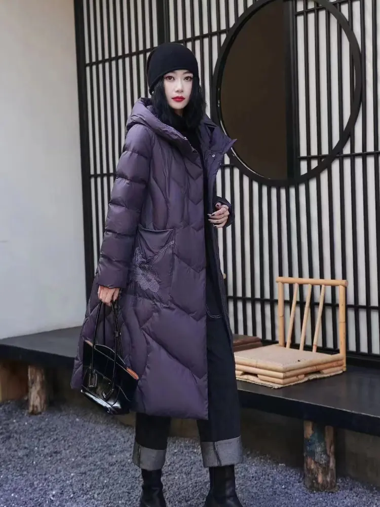 Women's Chinese Style Long Down Jacket, Retro Embroidery Parker, Windproof, Thickened, Loose, Warm, Female Puffer Coats, Winter