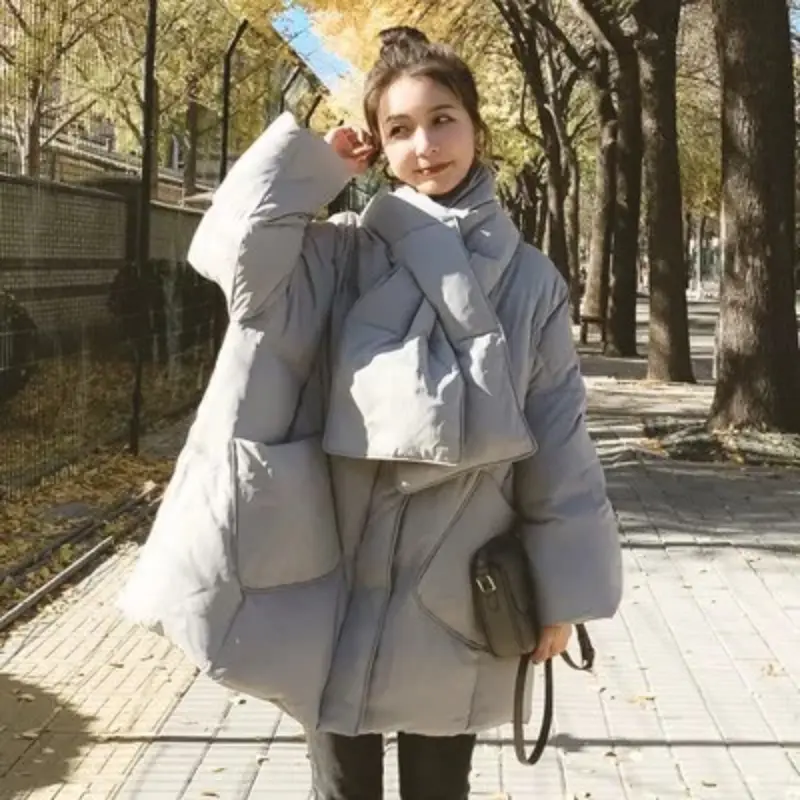 Women's Winter Jacket Mid-length Down Coats Casual Literary Large Pockets Outerwears Round Neck Scarf Thick Warm Down Jackets