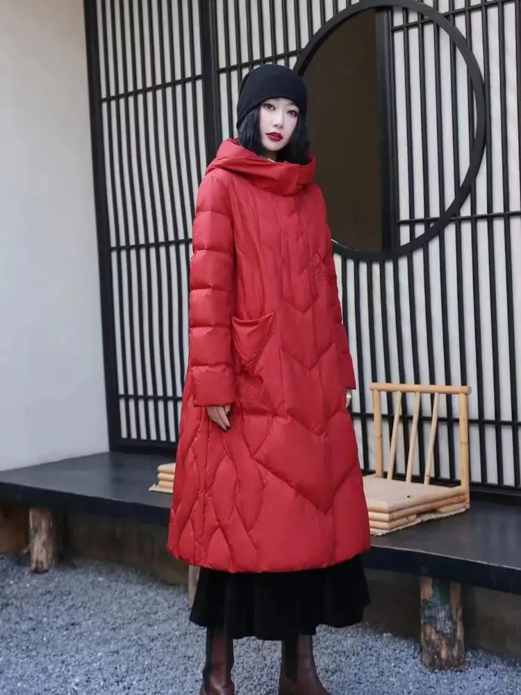Women's Chinese Style Long Down Jacket, Retro Embroidery Parker, Windproof, Thickened, Loose, Warm, Female Puffer Coats, Winter