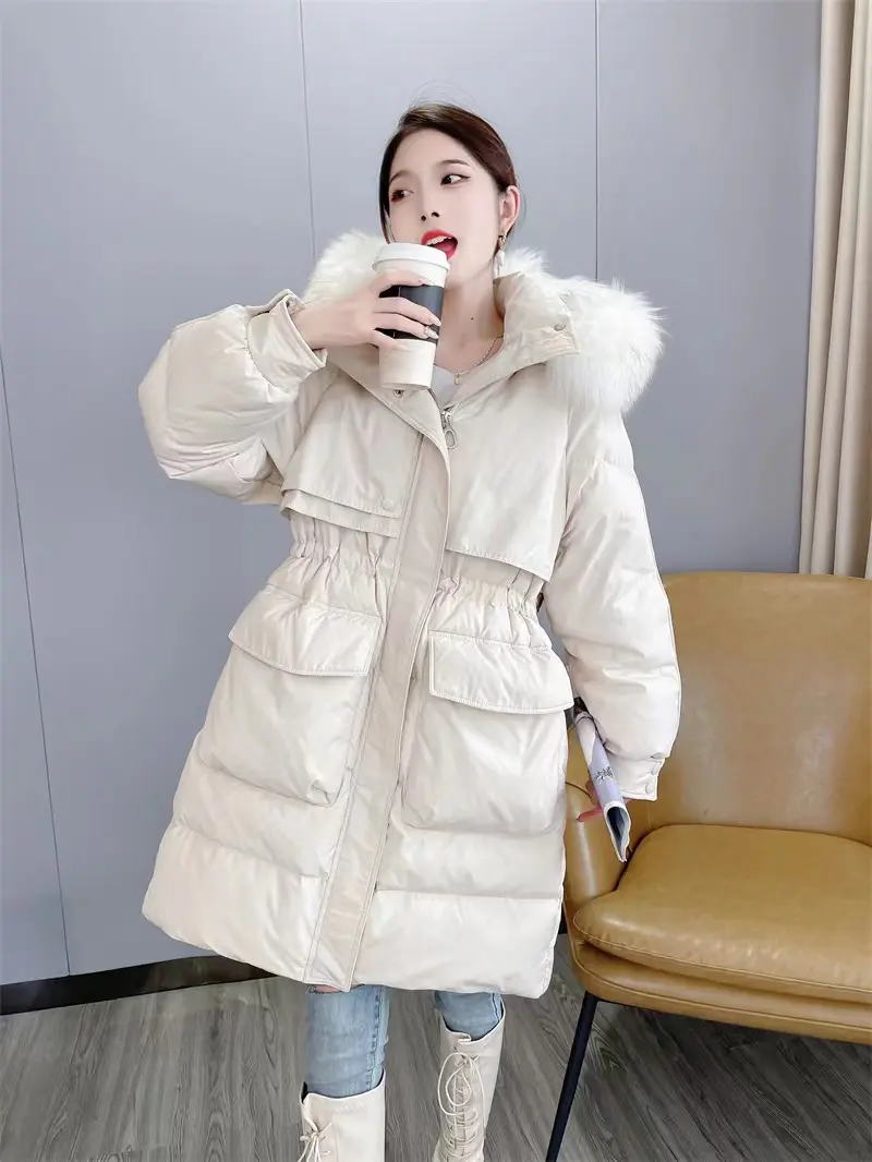 Down Jacket Female Winter in The Long Section White Duck Down Warm Hooded Puffer Jacket Real Raccoon Fur Collar Waist Thin Coat