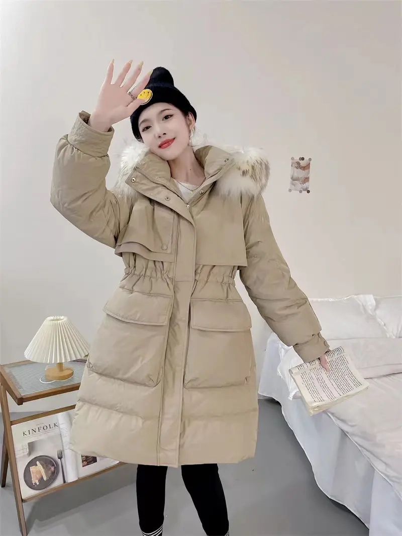 Down Jacket Female Winter in The Long Section White Duck Down Warm Hooded Puffer Jacket Real Raccoon Fur Collar Waist Thin Coat