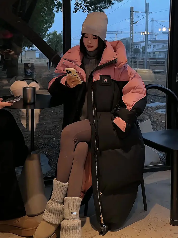 Long Hooded Puffer Jacket, Thick Coat, Warm, Loose, Casual, Color Splicing, Winter Outerwear, 90 White Duck, New, 2024