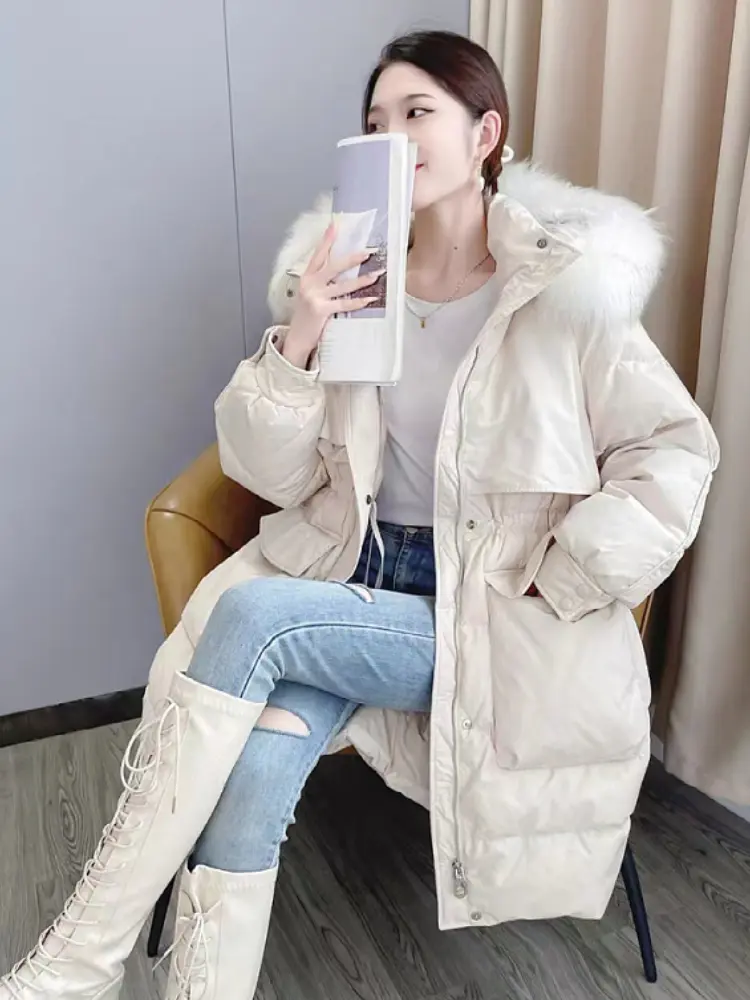 Down Jacket Female Winter in The Long Section White Duck Down Warm Hooded Puffer Jacket Real Raccoon Fur Collar Waist Thin Coat