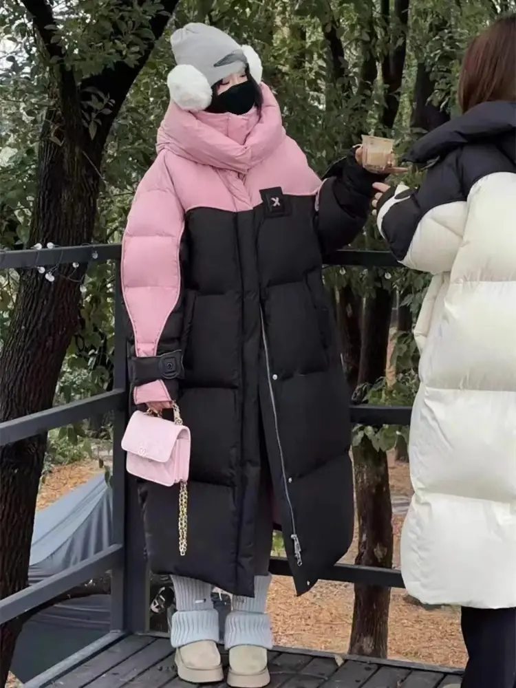 Long Hooded Puffer Jacket, Thick Coat, Warm, Loose, Casual, Color Splicing, Winter Outerwear, 90 White Duck, New, 2024