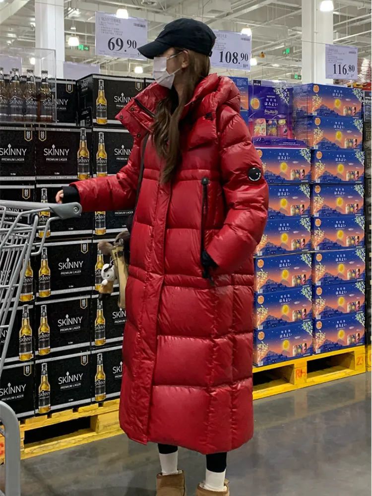 Long Glossy Hooded Puffer Jacket for Women, Thick Coats, Windproof, Korean Casual Fashion Outerwear, Loose Warm Down Jackets