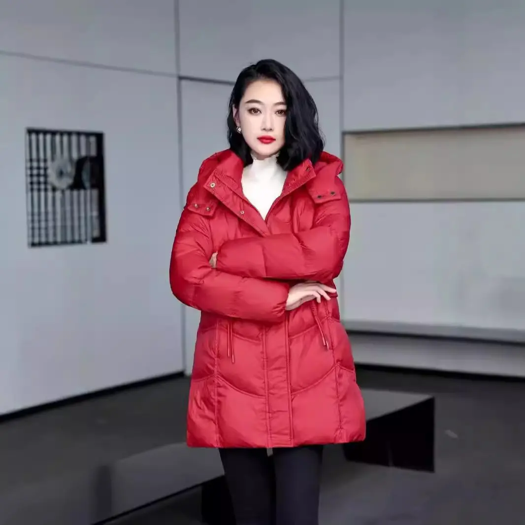 Women's Mid-length Hooded Down Jacket with Slim Disk Buckle, White Duck Down Coat, Light Warm Puffer Jacket, Winter Fashion