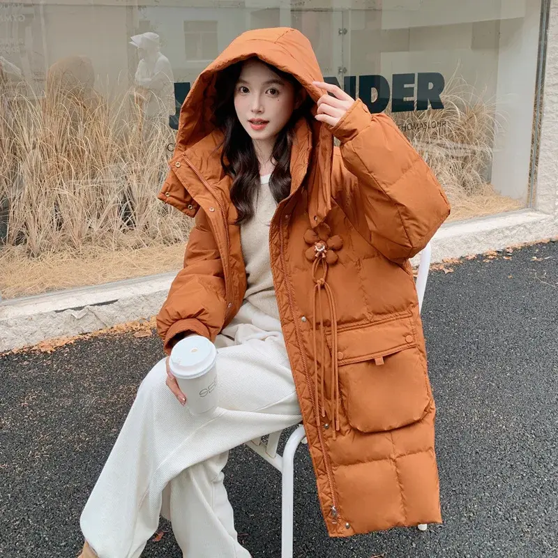 Women's White Duck Down Hooded Puffer Jacket, Large Size, Thickened Coat, Warm, Casual, Loose, Fat, Winter