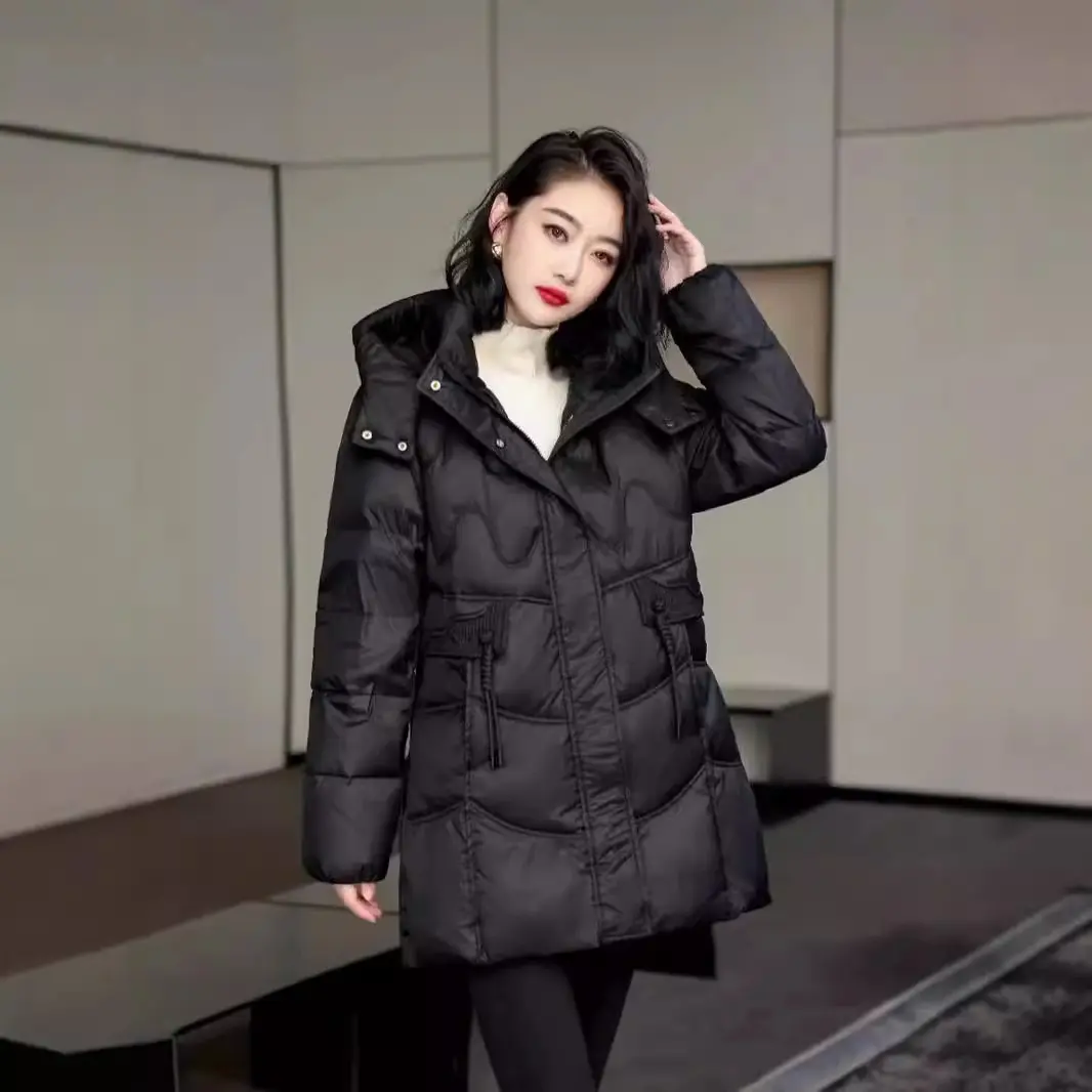 Women's Mid-length Hooded Down Jacket with Slim Disk Buckle, White Duck Down Coat, Light Warm Puffer Jacket, Winter Fashion