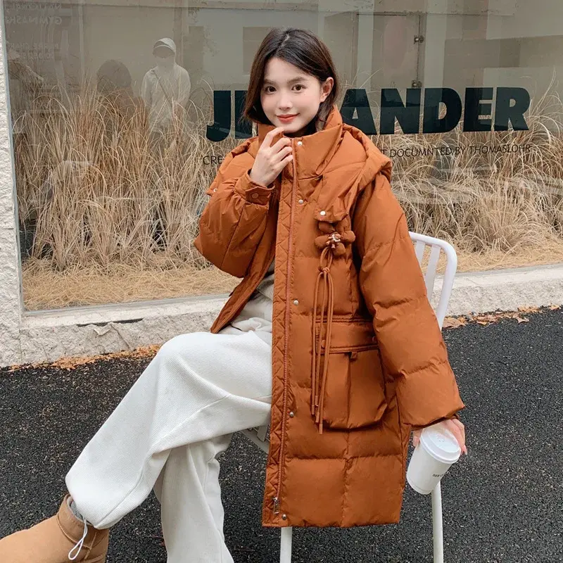 Women's White Duck Down Hooded Puffer Jacket, Large Size, Thickened Coat, Warm, Casual, Loose, Fat, Winter