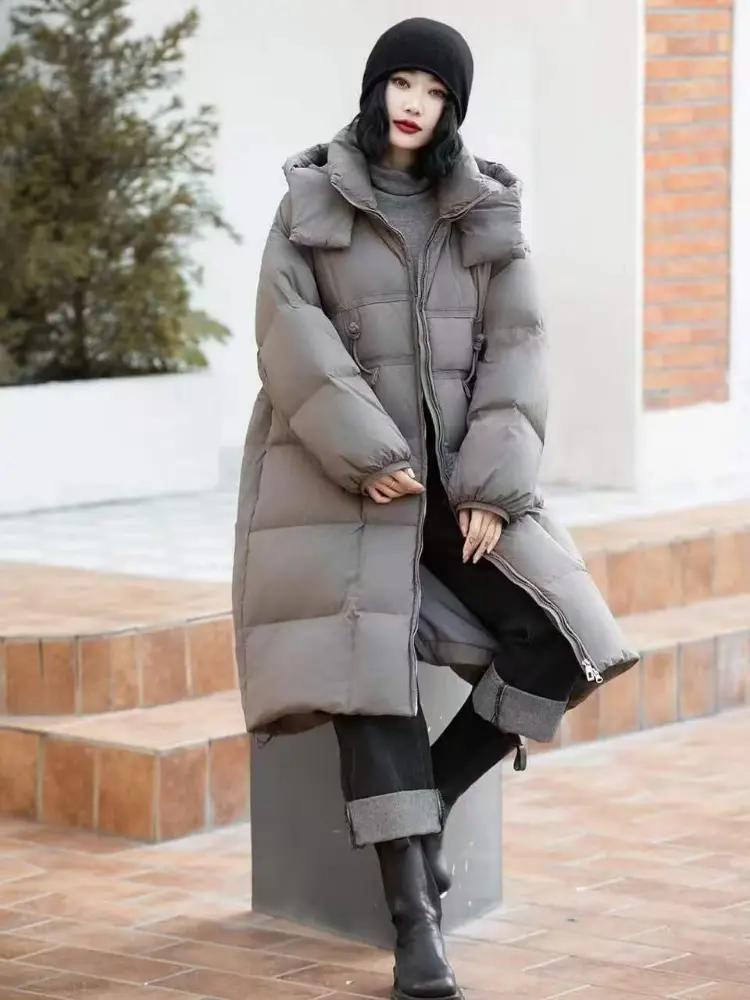 Long Down Jacket for Women, Knee Thickening, 90 White Duck Down Puffer Jacket, Loose Hooded Coat, Windproof, Warm, Winter, New