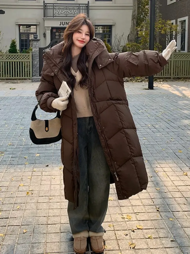 Women's Casual Loose Down Jacket, Female Coats, Korean Fashion, Monochromatic, Long Outerwear, New, 2024