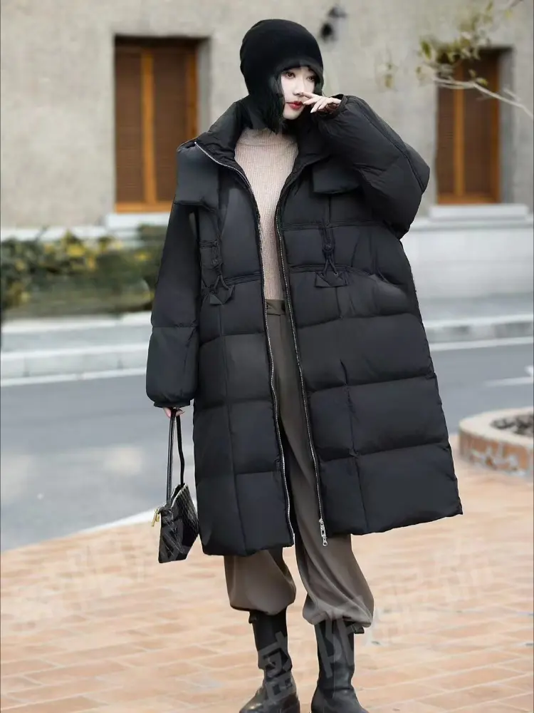 Long Down Jacket for Women, Knee Thickening, 90 White Duck Down Puffer Jacket, Loose Hooded Coat, Windproof, Warm, Winter, New