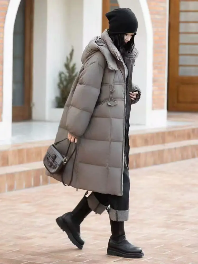 Long Down Jacket for Women, Knee Thickening, 90 White Duck Down Puffer Jacket, Loose Hooded Coat, Windproof, Warm, Winter, New