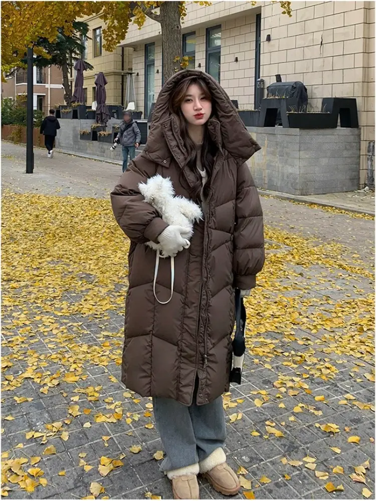 Women's Casual Loose Down Jacket, Female Coats, Korean Fashion, Monochromatic, Long Outerwear, New, 2024