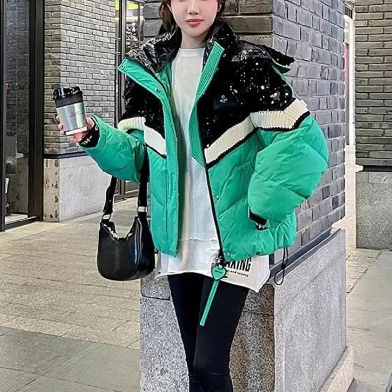 Women's Color Patchwork Sequin Down Puffer Jacket, Trendy Outerwears, Casual Loose, Thick, Warm, Short, Winter