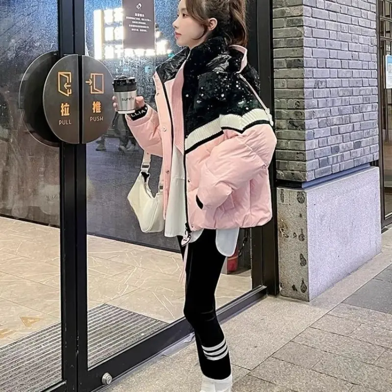 Women's Color Patchwork Sequin Down Puffer Jacket, Trendy Outerwears, Casual Loose, Thick, Warm, Short, Winter