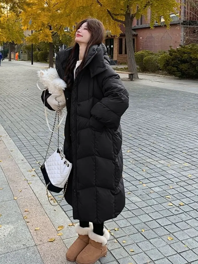 Women's Casual Loose Down Jacket, Female Coats, Korean Fashion, Monochromatic, Long Outerwear, New, 2024