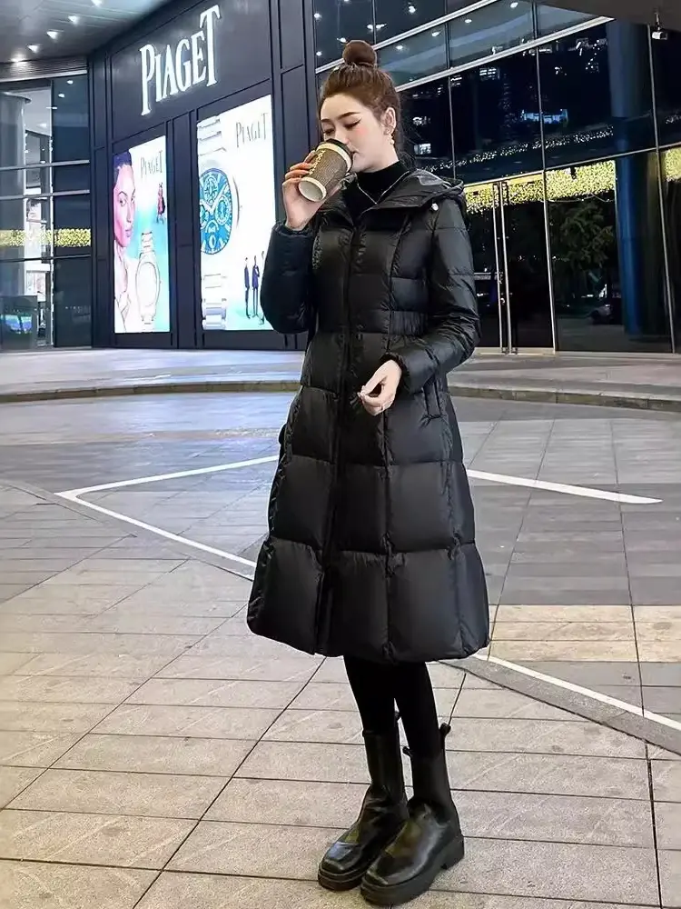 Women's Slim Waisted Hooded Puffer Jacket, White Duck Down, Medium Length, Thick, Warm, Fashion, Winter, New, 2024
