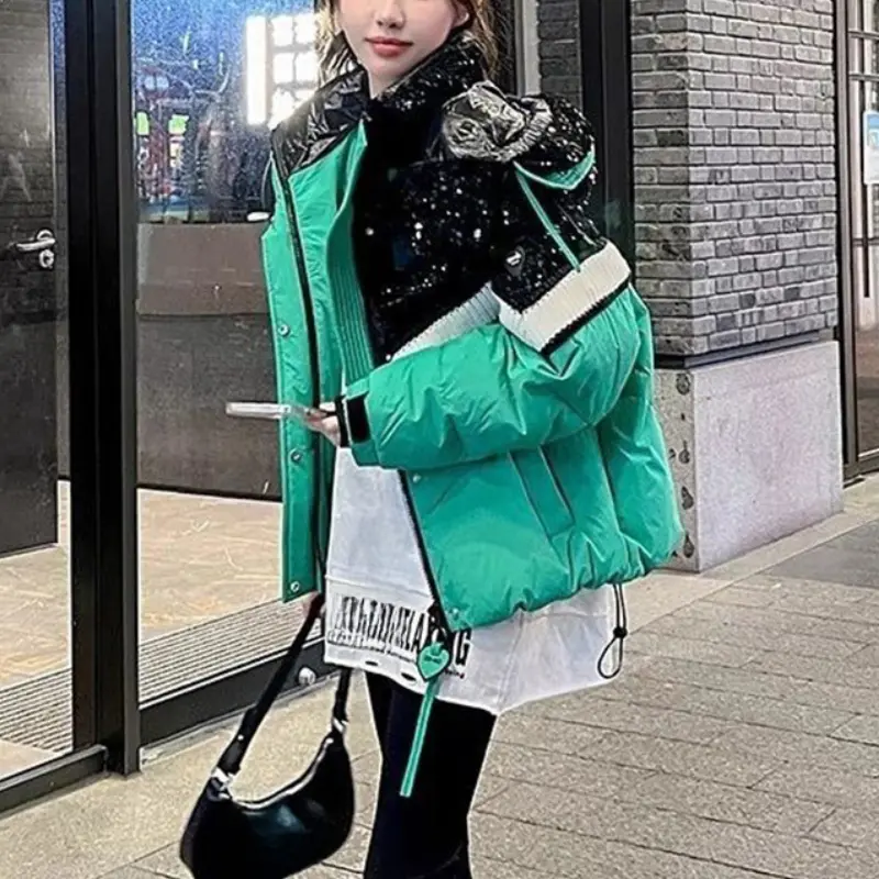 Women's Color Patchwork Sequin Down Puffer Jacket, Trendy Outerwears, Casual Loose, Thick, Warm, Short, Winter